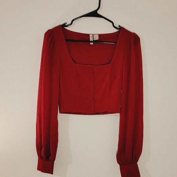 Deep Red Long Sleeved Chiffon Cropped Blouse, NEW, Size XS/Small - Picture 2 of 4